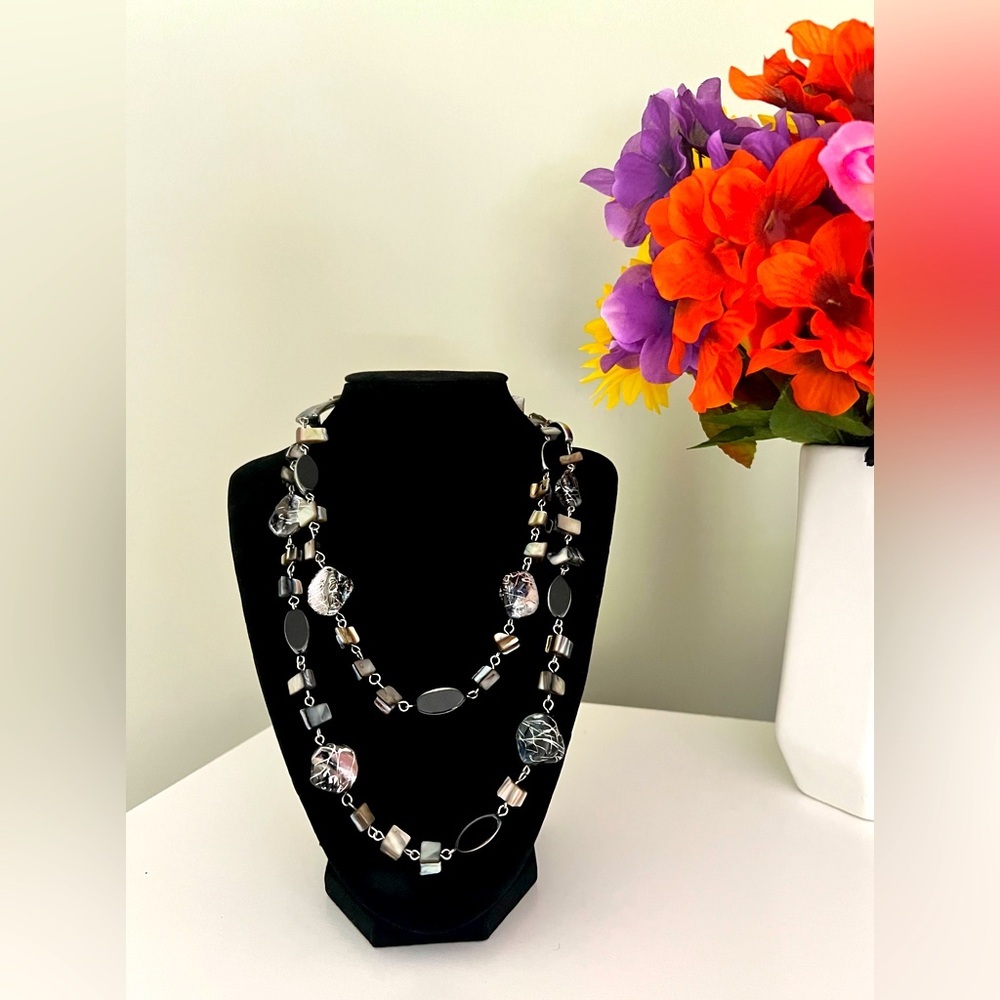 Elegant Silver, Iridescent and Black Beaded Necklace